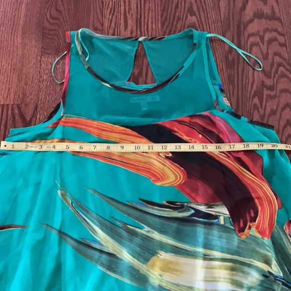 GREEN Trapeze chiffon overlay DRESS  SLEEVELESS HIGH LOW paint brush pattern 12 - Picture 7 of 10